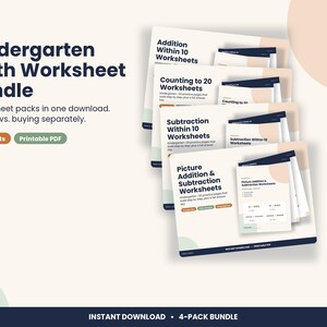 Kindergarten Math Worksheet Bundle, 4 Printable Packs with Answer Keys, Homeschool & Classroom