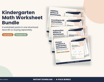 Kindergarten Math Worksheet Bundle, 4 Printable Packs with Answer Keys, Homeschool & Classroom