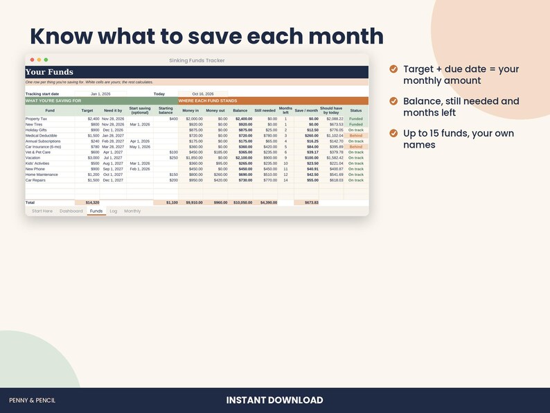 Sinking Funds Tracker Spreadsheet with Progress Bars for Excel & Google Sheets image 3