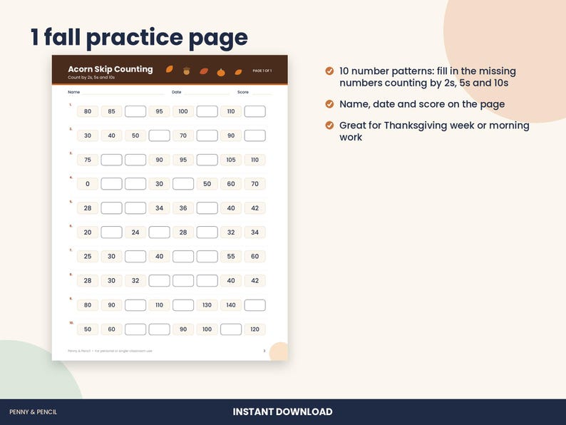 Thanksgiving Skip Counting Worksheet, 2nd Grade Fall Math (PDF Download) image 2