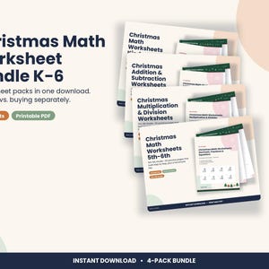 Christmas Math Worksheet Bundle K-6, 4 Printable Packs with Answer Keys, Homeschool & Classroom