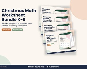 Christmas Math Worksheet Bundle K-6, 4 Printable Packs with Answer Keys, Homeschool & Classroom