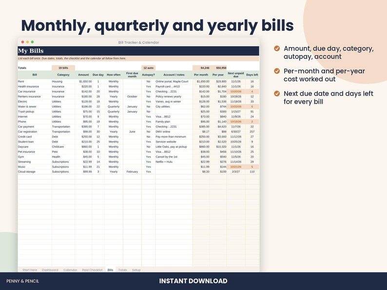 Bill Tracker Spreadsheet, Monthly Bill Calendar for Excel & Google Sheets image 5