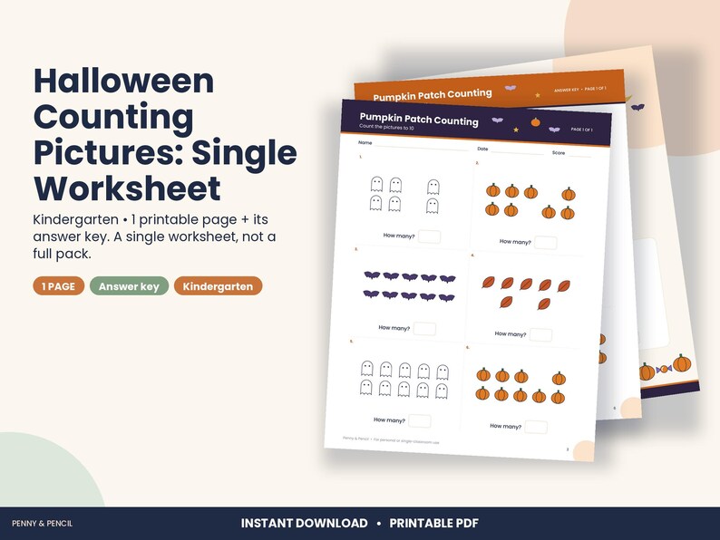 Halloween Counting Worksheet, Kindergarten Count to 10 Pictures (PDF Download) image 1