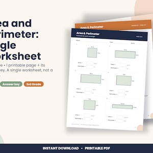 May include: A printable 3rd grade math worksheet titled Area and Perimeter: Single Worksheet. The document features six rectangles with labeled sides in inches and centimeters, including blank spaces for students to calculate area and perimeter.