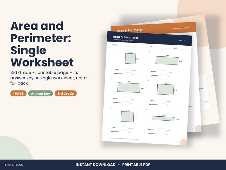 May include: A printable 3rd grade math worksheet titled Area and Perimeter: Single Worksheet. The document features six rectangles with labeled sides in inches and centimeters, including blank spaces for students to calculate area and perimeter.