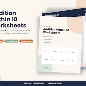 Kindergarten Addition Within 10 Worksheets, 20 Pages with Answer Key (PDF Download) image 1
