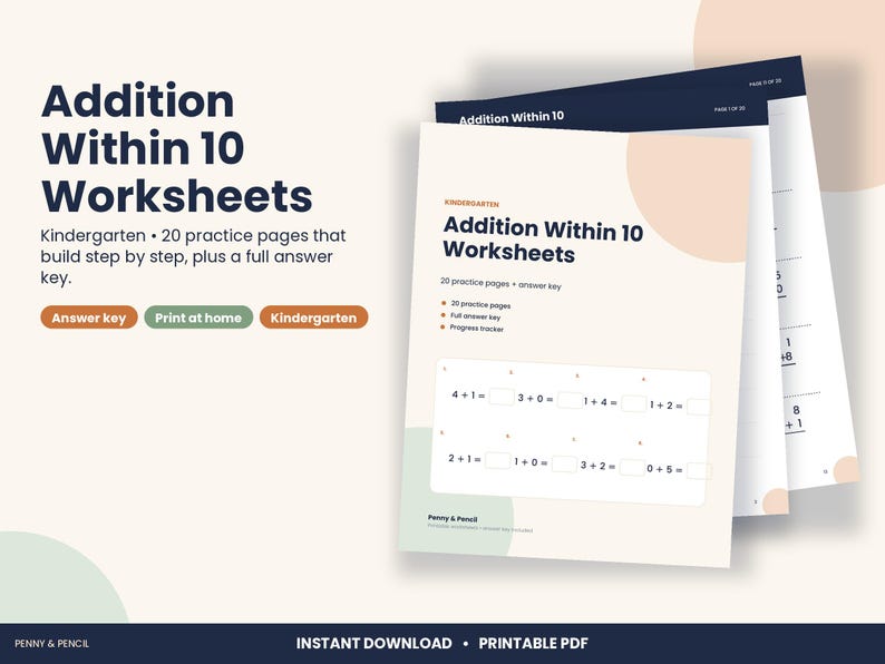 Kindergarten Addition Within 10 Worksheets, 20 Pages with Answer Key (PDF Download) image 1