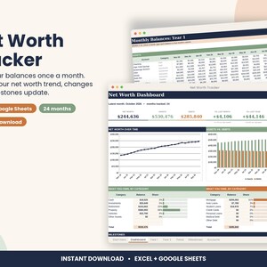 Net Worth Tracker Spreadsheet, Assets and Debts with Charts for Excel & Google Sheets image 1