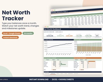 Net Worth Tracker Spreadsheet, Assets and Debts with Charts for Excel & Google Sheets