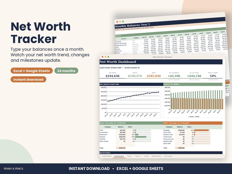 Net Worth Tracker Spreadsheet, Assets and Debts with Charts for Excel & Google Sheets image 1