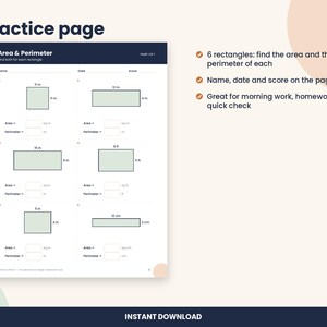 May include: A math practice worksheet titled Area & Perimeter featuring six rectangles with labeled dimensions in meters, inches, and centimeters. The page includes blank fields for name, date, score, and spaces to calculate the area and perimeter for each shape.