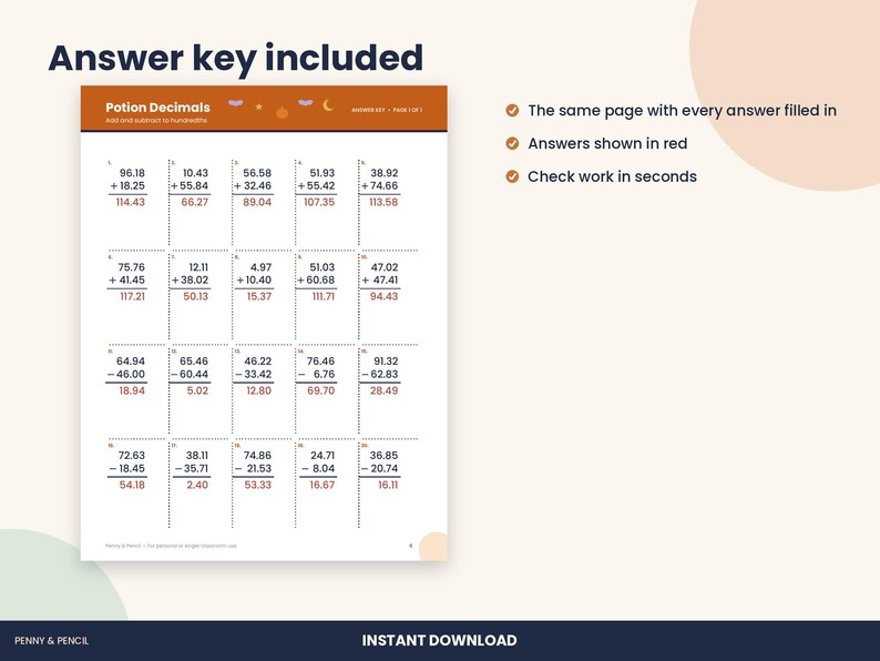 Halloween Decimals Worksheet, 5th Grade Add and Subtract Hundredths (PDF Download) image 3