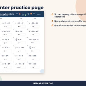 May include: A white printable maths worksheet titled Snowy Equations featuring eighteen one-step algebraic equations with variables, blank answer boxes, and a dark blue header decorated with small winter-themed icons like snowflakes and gifts.