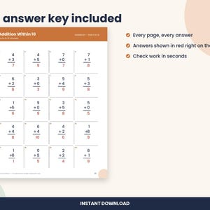 Kindergarten Addition Within 10 Worksheets, 20 Pages with Answer Key (PDF Download) image 3