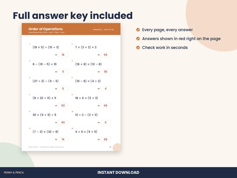 Order of Operations Worksheets, 5th and 6th Grade PEMDAS, Answer Key (PDF Download) image 3