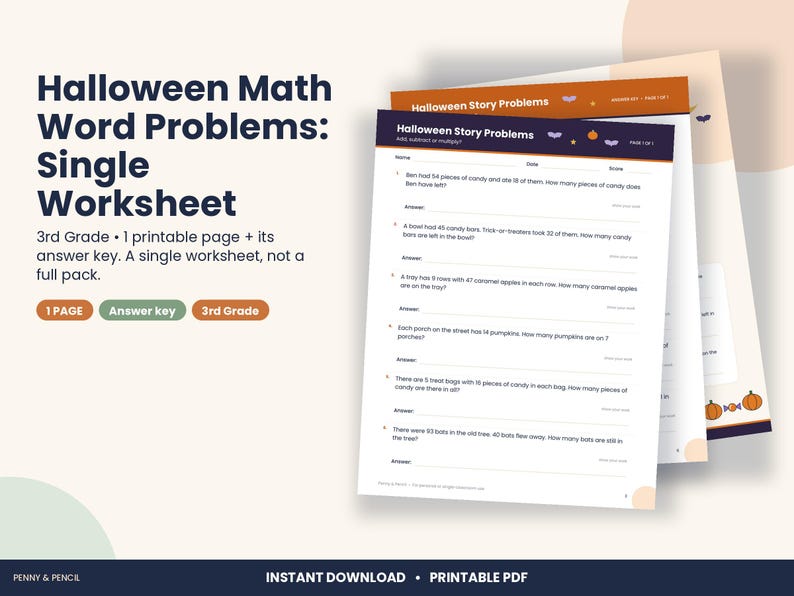 Halloween Math Word Problems Worksheet, 3rd Grade (PDF Download) image 1