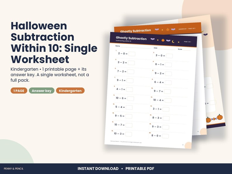 Halloween Subtraction Within 10 Worksheet, Kindergarten Math (PDF Download) image 1