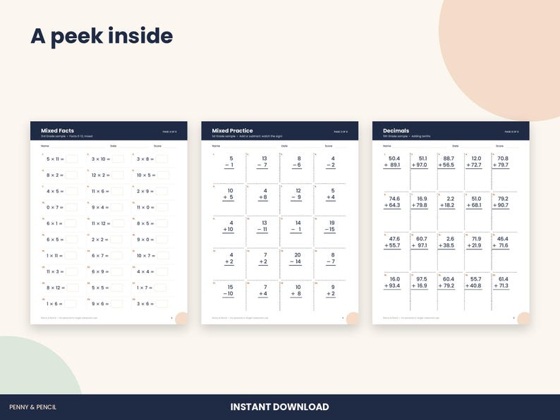 Math Worksheet Sampler K-5, 6 Pages Kindergarten to 5th Grade (PDF Download) image 4