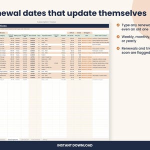 May include: A digital subscription tracker spreadsheet with the title Renewal dates that update themselves. The table displays columns for service, category, cost, billing cycle, renewal date, and alerts. Text notes include instructions for typing dates and flagging renewals.