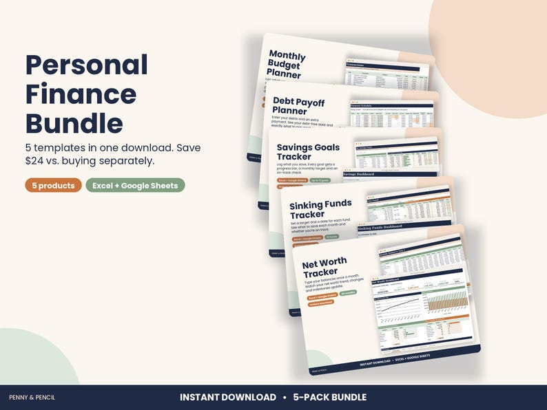 May include: A Personal Finance Bundle digital download featuring five templates for Excel and Google Sheets. The set includes a Monthly Budget Planner, Debt Payoff Planner, Savings Goals Tracker, Sinking Funds Tracker, and Net Worth Tracker.