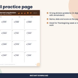 May include: A white educational worksheet titled Harvest Long Division featuring twelve long division problems with 4-digit dividends and 1-digit divisors. The header includes small autumn-themed icons and the text Penny & Pencil.