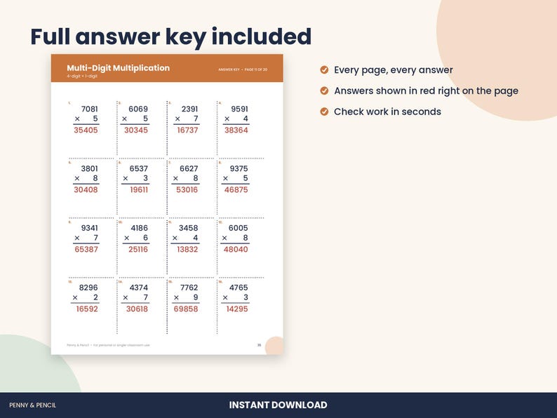 4th Grade Multi-Digit Multiplication Worksheets with Answer Key (PDF Download) bild 3