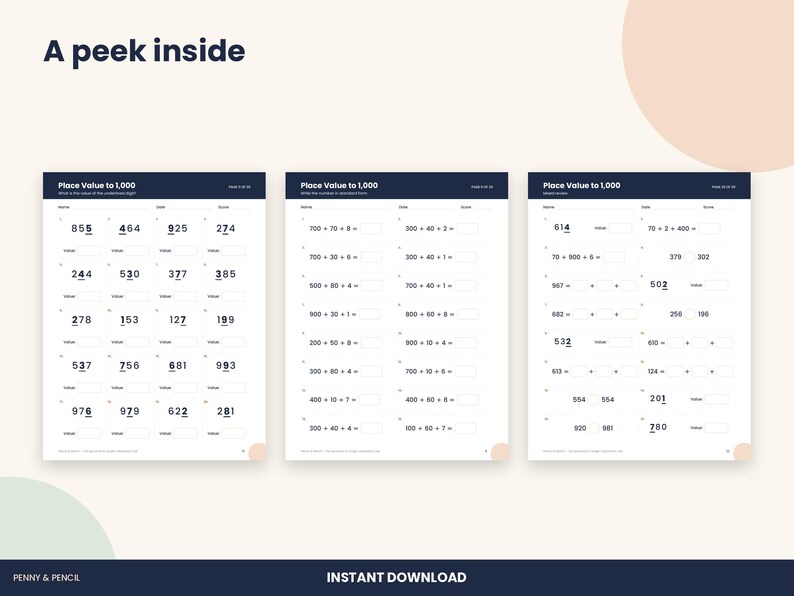 May include: Three educational math worksheets titled Place Value to 1,000 featuring columns of numbers and equations for students to solve. The pages include blank spaces for names, dates, and scores, with a dark blue header and white background.