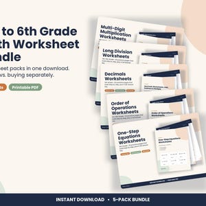 4th to 6th Grade Math Worksheet Bundle, 5 Packs with Answer Keys (PDF Download)