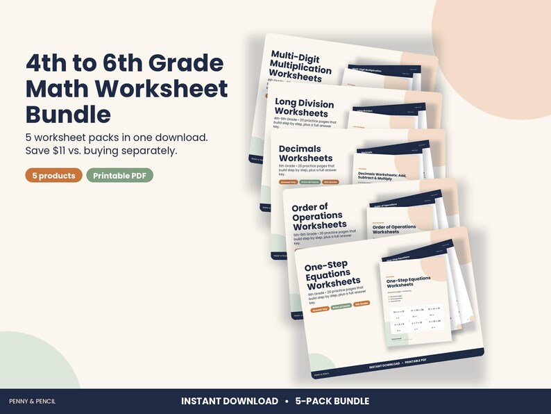 4th to 6th Grade Math Worksheet Bundle, 5 Packs with Answer Keys (PDF Download) image 1