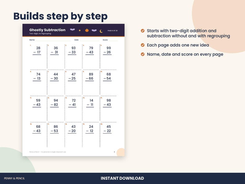 Halloween Math Worksheets, 2nd and 3rd Grade Regrouping, Multiplication (PDF Download) imagen 2