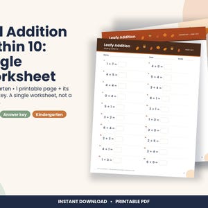 Peut inclure: Une fiche d'exercices de math&eacute;matiques imprimable intitul&eacute;e Leafy Addition avec une en-t&ecirc;te marron orn&eacute;e d'ic&ocirc;nes d'automne. La page contient vingt additions jusqu'&agrave; dix, des cases vides pour les r&eacute;ponses et un corrig&eacute;.