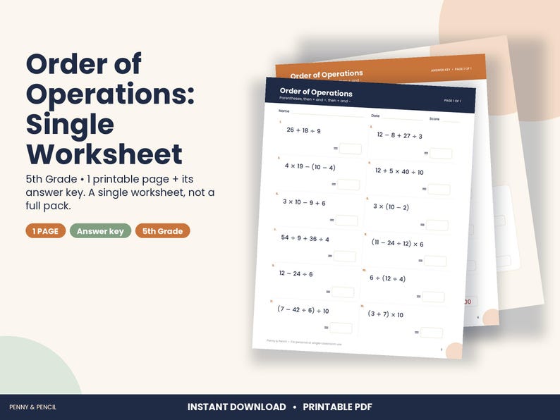 Op de afbeelding: Een printbaar wiskundewerkblad voor groep 7 met de titel Order of Operations, met tien numerieke uitdrukkingen met haakjes, vermenigvuldigen, delen, optellen en aftrekken. Inclusief een apart antwoordenblad in PDF-formaat.