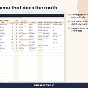 Thanksgiving and Christmas Dinner Planner Spreadsheet for Excel & Google Sheets image 3