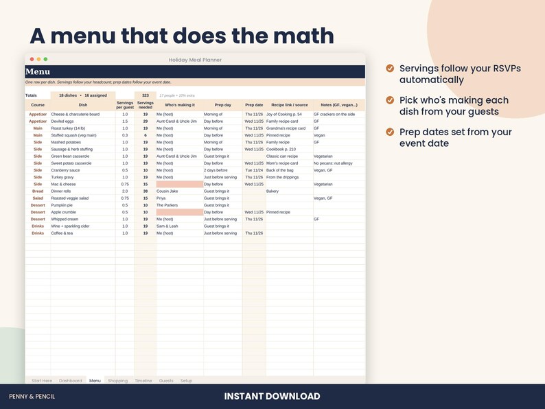 Thanksgiving and Christmas Dinner Planner Spreadsheet for Excel & Google Sheets image 3