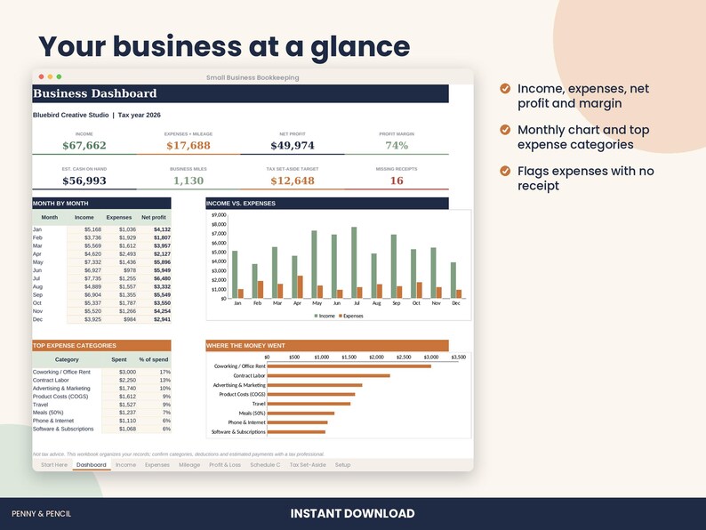Small Business Bookkeeping Spreadsheet, Schedule C Expenses for Excel & Google Sheets image 2