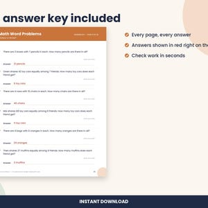 Op de afbeelding: Een werkblad met wiskundige tekstproblemen met een oranje koptekst getiteld Math Word Problems. De pagina bevat zes genummerde vermenigvuldigings- en delingsopgaven met antwoorden in rode tekst. Tekst: Full answer key included.