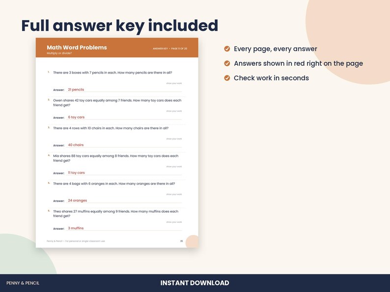 Op de afbeelding: Een werkblad met wiskundige tekstproblemen met een oranje koptekst getiteld Math Word Problems. De pagina bevat zes genummerde vermenigvuldigings- en delingsopgaven met antwoorden in rode tekst. Tekst: Full answer key included.