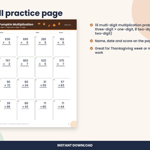 May include: A printable math worksheet titled 1 fall practice page and Pumpkin Multiplication. The document features 16 multi-digit multiplication problems arranged in a grid, with designated spaces for a name, date, and score at the top.