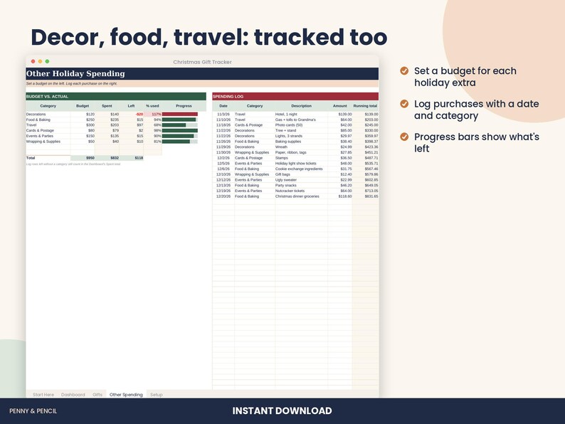 Christmas Gift Budget Tracker Spreadsheet, Holiday Gift List for Excel & Google Sheets image 4