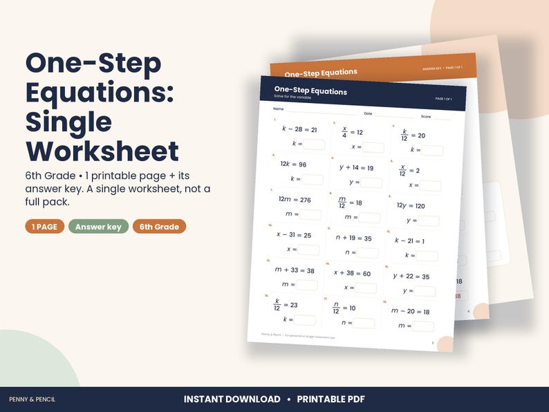 6th Grade One-Step Equations Worksheet, Pre-Algebra (PDF Download) image 1