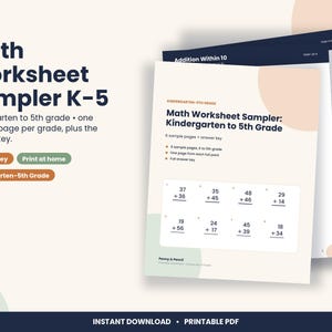 Math Worksheet Sampler K-5, 6 Pages Kindergarten to 5th Grade (PDF Download) image 1