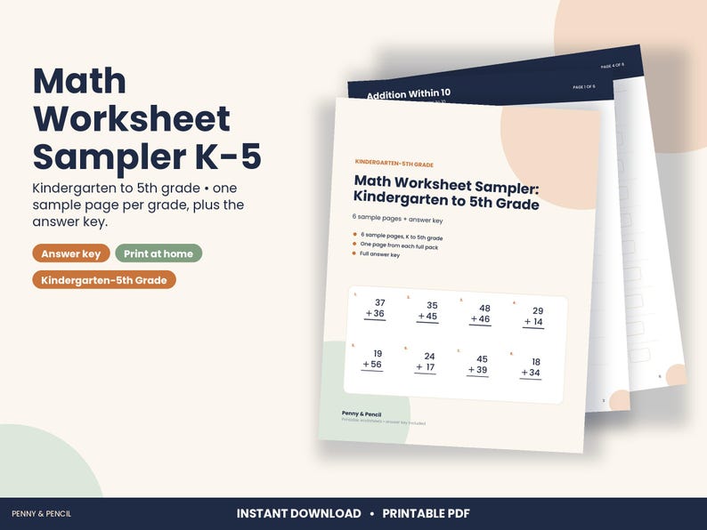 Math Worksheet Sampler K-5, 6 Pages Kindergarten to 5th Grade (PDF Download) image 1