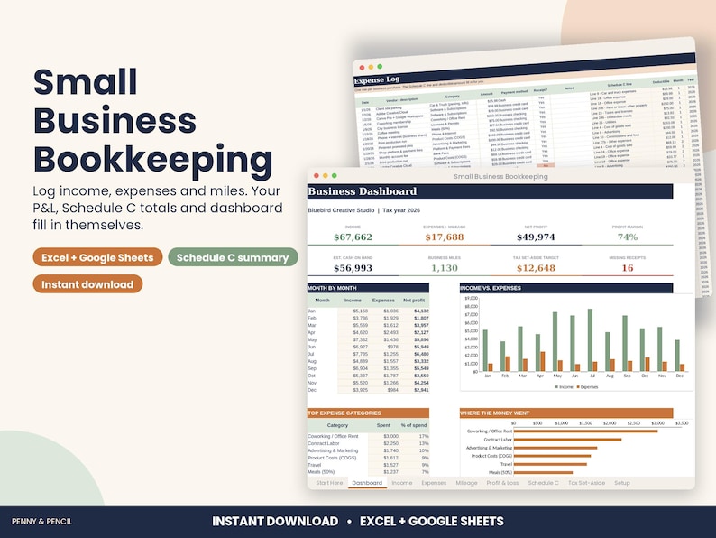 Small Business Bookkeeping Spreadsheet, Schedule C Expenses for Excel & Google Sheets image 1