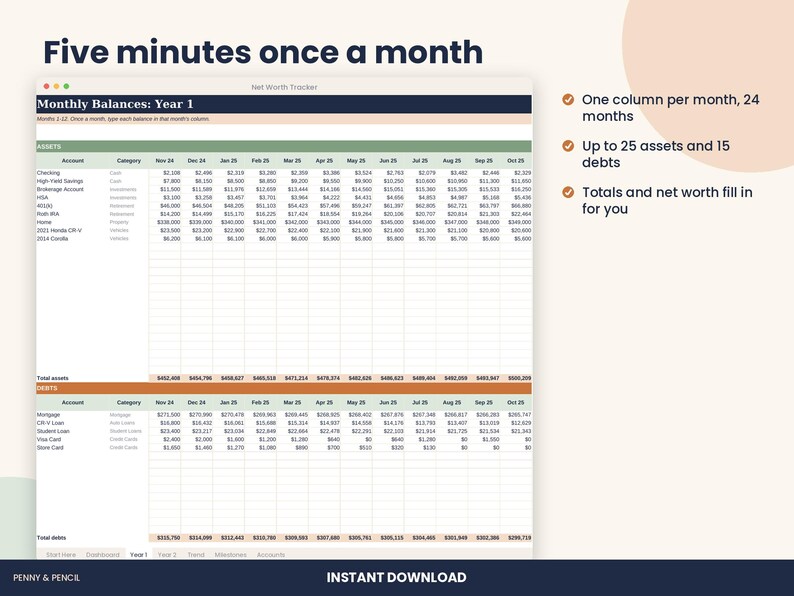 Net Worth Tracker Spreadsheet, Assets and Debts with Charts for Excel & Google Sheets image 3