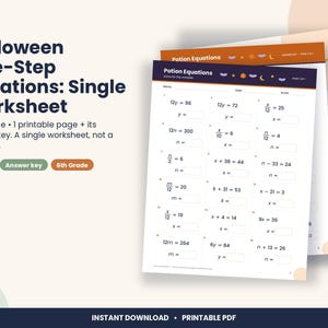 Halloween One-Step Equations Worksheet, 6th Grade Pre-Algebra (PDF Download)