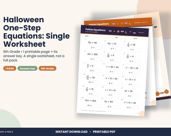 Halloween One-Step Equations Worksheet, 6th Grade Pre-Algebra (PDF Download)