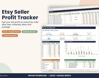 以下が含まれることがあります： ExcelおよびGoogleスプレッドシート用のEtsyセラー利益トラッカー。インターフェースには、収益、Etsy手数料、純利益、利益率を示すショップダッシュボードと、詳細な取引リストを含む注文タブが表示されています。