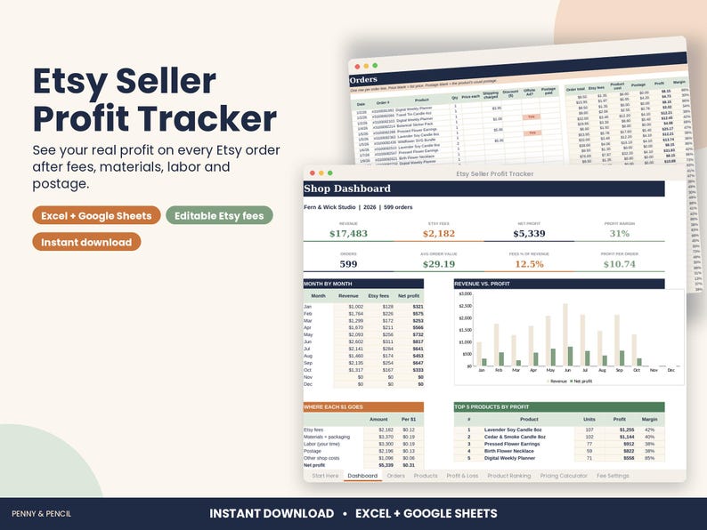 Etsy Seller Profit Tracker Spreadsheet, Fee Calculator for Excel & Google Sheets image 1