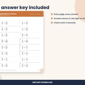 May include: A math worksheet titled Equivalent Fractions featuring sixteen problems with missing numbers. The page includes a brown header, black text, and red handwritten-style answers in boxes. Text reads Full answer key included.